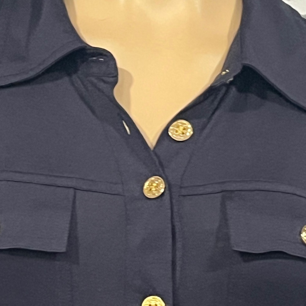 Tory Burch Navy Jersey Long Sleeve Shirt Dress Gold Logo Button Belted Preppy M - Picture 3 of 10
